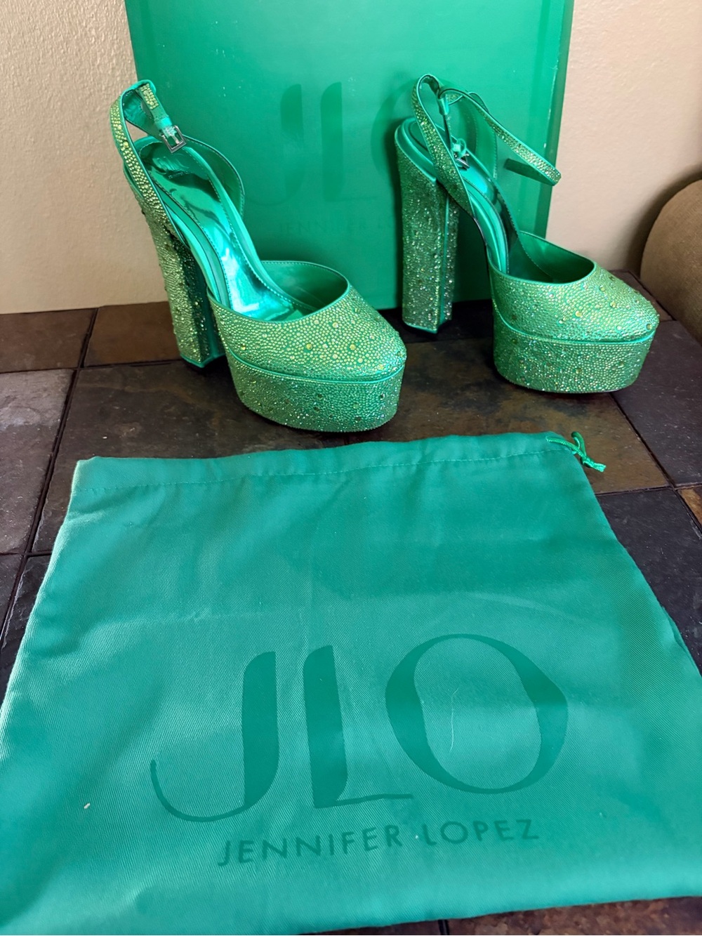 Jennifer Lopez Green Glitter Platform Slingback Heels